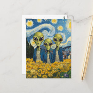 Tre Utomjordingar från Faux Van Gogh AI Art. Vykort