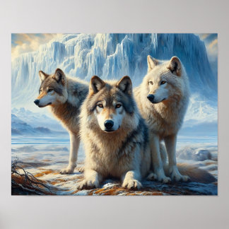 Tre vackra arktiska varger i Glacier Tundra Poster