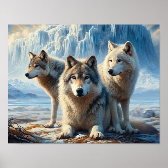 Tre vackra arktiska varger i Glacier Tundra Poster (Framsidan)