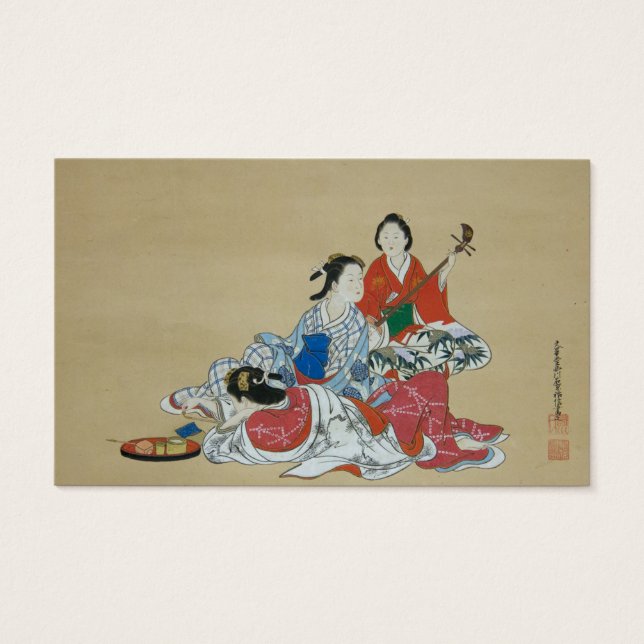 Tre vackra japanska dam i kimono visitkort (Framsida)
