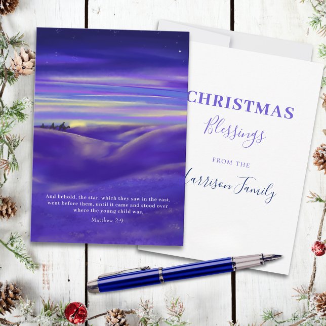 Tre vackra vattenfärgers Personlig Kung Julkort (Three wise men follow the star watercolor custom Christmas greetings card with bible quote)