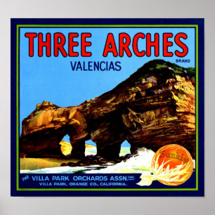 Tre valv Valencia Apelsiner Fruktlåsetikett Poster