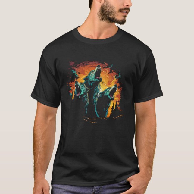 Tre Vargar Howling vid Måne Coolans Manar Varg L T Shirt (Framsida)