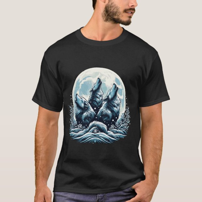 Tre Vargar under Måne, Grått Varg T Shirt (Framsida)