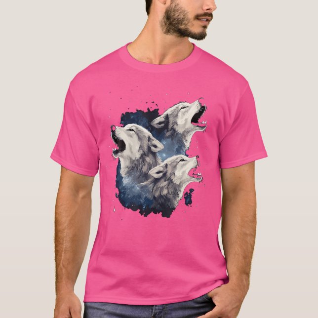 Tre Vargar vid Älskare vid Vargen Måne T Shirt (Framsida)