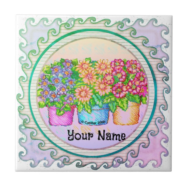 Tre vaser blommor kakelplatta (Framsidan)