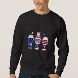 Tre Vin-glasögon 4:e juli Patriotic American Lång Ärmad Tröja