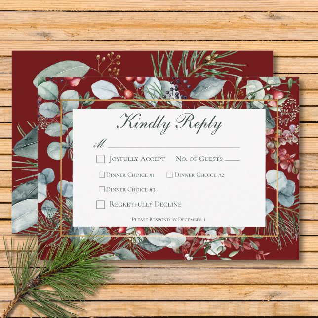 Tre vintermiddagar för vinterjul Greenery Red Bröl OSA Kort (Winter Christmas Greenery Red Wedding Three Dinner RSVP Card)