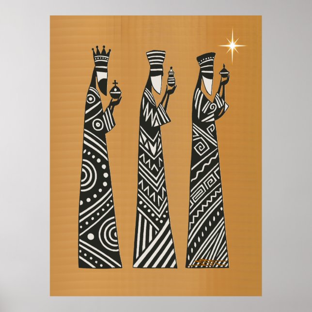 Tre vise män Svart & Vit Jul Nativity Poster (Framsidan)