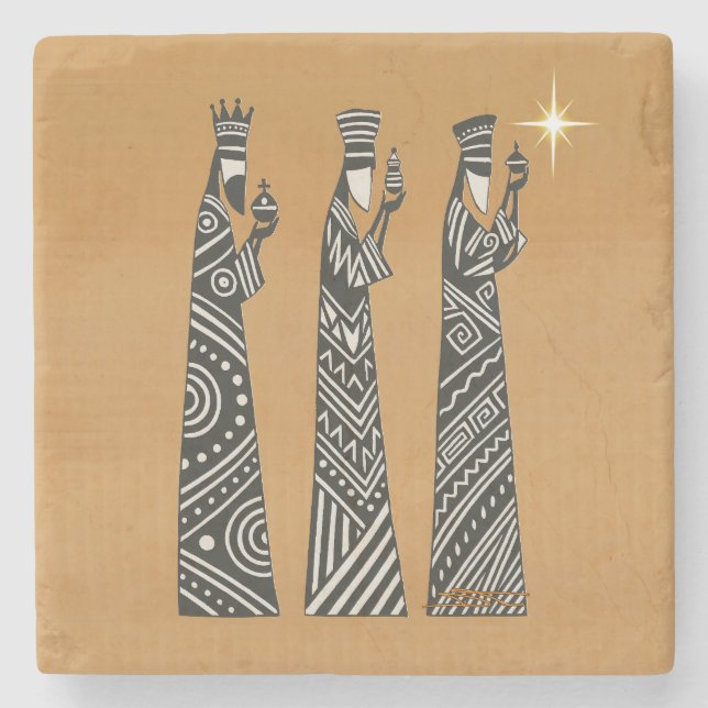 Tre vise män Svart & Vit Jul Nativity Stenunderlägg (Framsidan)