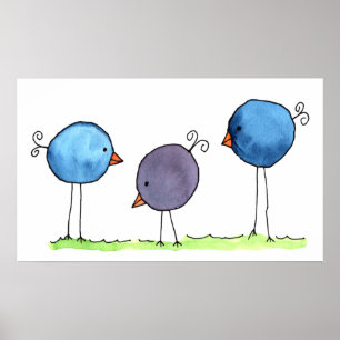 Tre vita vattenfärgsfåglar Poster