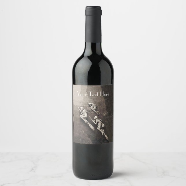 Tre vita vittnen flyger på Brooms på  Vinflaska Etikett (Framsida)