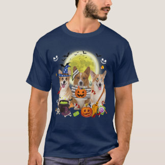 Tre Welsh Corgi Hundar Witch Scary Mummy Halloween T Shirt