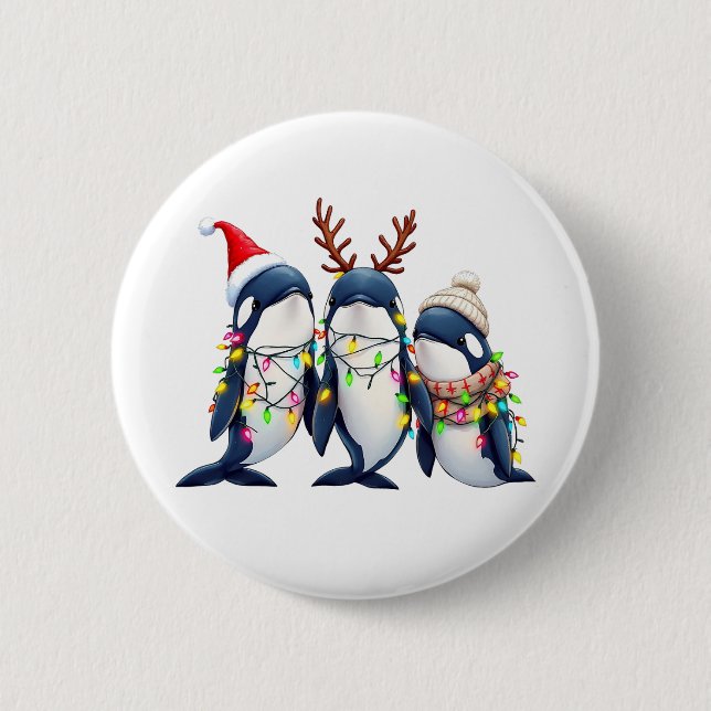 Tre Whales Wearing jul Santa Hat Knapp (Framsida)