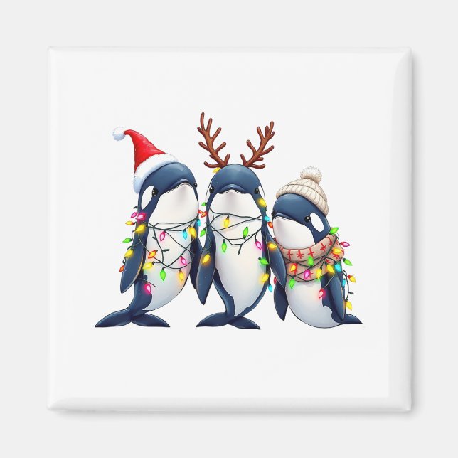 Tre Whales Wearing jul Santa Hat Magnet (Framsidan)