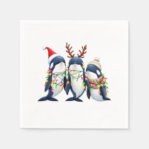 Tre Whales Wearing jul Santa Hat Pappersservett