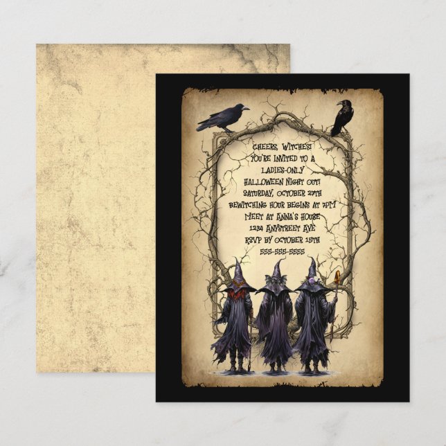Tre Witches & Twig Ram Halloween Inbjudningar (Fram/baksida)
