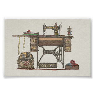 Treadle Sewing Maskin & Kittens Fototryck