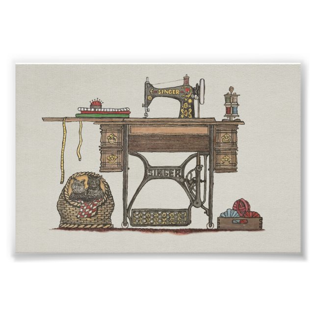 Treadle Sewing Maskin & Kittens Fototryck (Framsidan)