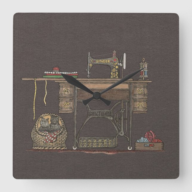 Treadle Sewing Maskin & Kittens Fyrkantig Klocka (Framsida)