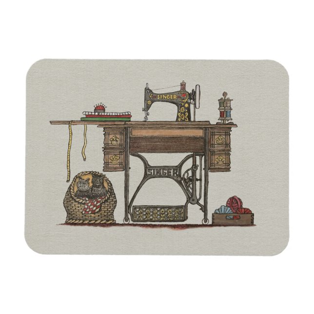 Treadle Sewing Maskin & Kittens Magnet (Horisontell)