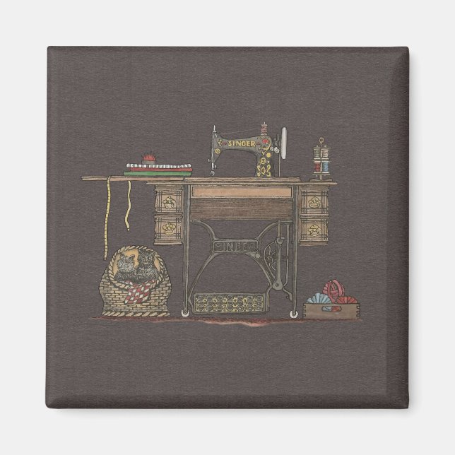 Treadle Sewing Maskin & Kittens Magnet (Framsidan)