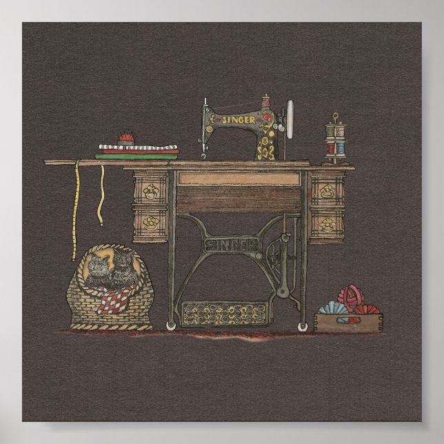 Treadle Sewing Maskin & Kittens Poster (Framsidan)
