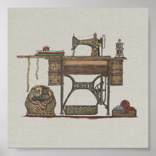 Treadle Sewing Maskin & Kittens Poster
