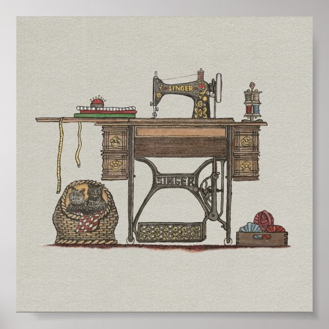 Treadle Sewing Maskin & Kittens Poster (Framsidan)