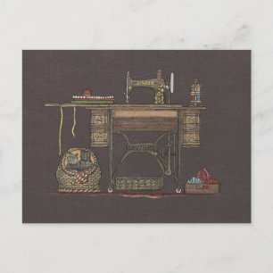 Treadle Sewing Maskin & Kittens Vykort