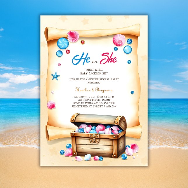 Treasure Chest Beach Thned Gender Reveal Party Inbjudningar (Treasure Chest Beach Themed Gender Reveal Party Invitation)
