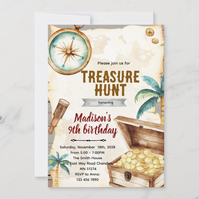 Treasure hunt birthday party theme invitation inbjudningar (Framsida)