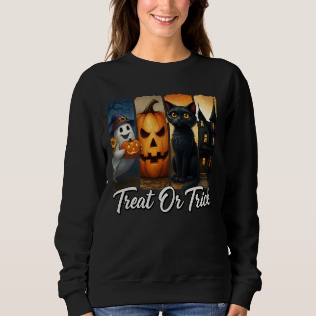 "Treat eller Trick" Halloween Push Stroke Katt Kvi T Shirt (Framsida)