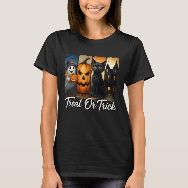 "Treat eller Trick" Halloween Push Stroke Katt Kvi T Shirt (Framsida)