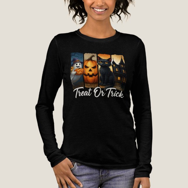 "Treat eller Trick" Halloween Push Stroke Katt Kvi T Shirt (Framsida)