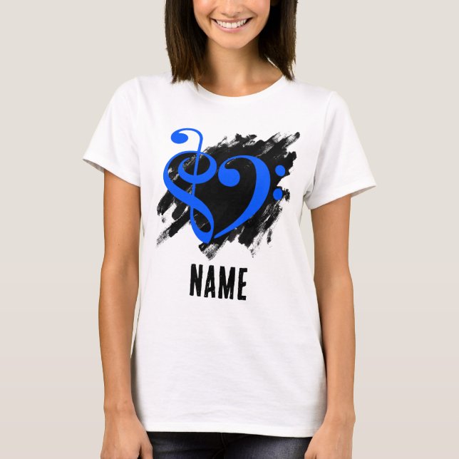 Treble and Bass Clef Heart Royal Blue Anpassade T Shirt (Framsida)