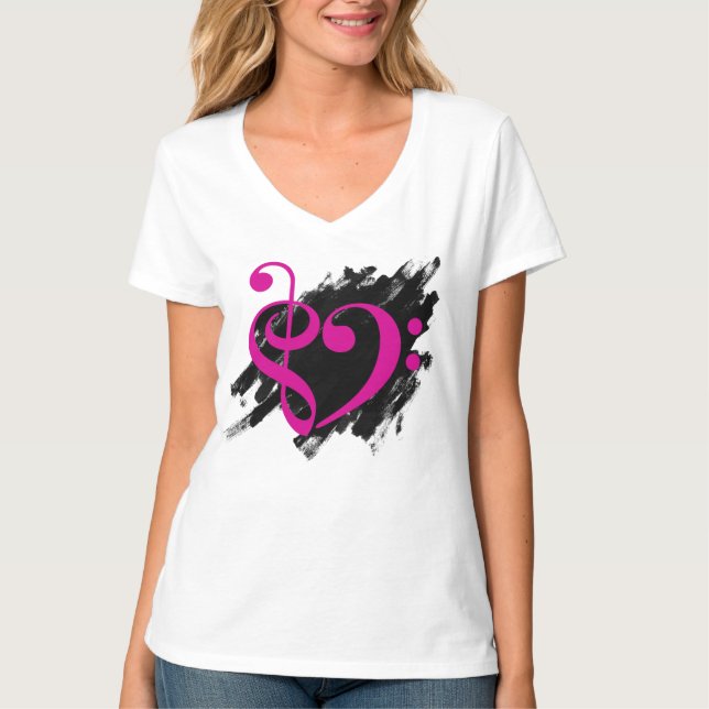 Treble and Bass Clef Musical Heart Fuchsia T Shirt (Framsida)
