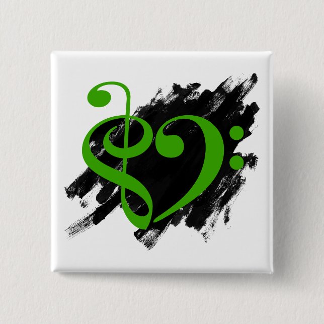 Treble and Bass Clef Musical Heart Grönt Knapp (Framsida)