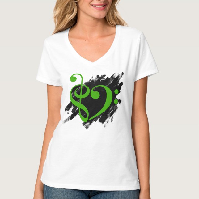 Treble and Bass Clef Musical Heart Grönt T Shirt (Framsida)