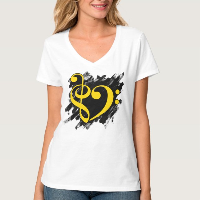 Treble and Bass Clef Musical Heart Gult T Shirt (Framsida)