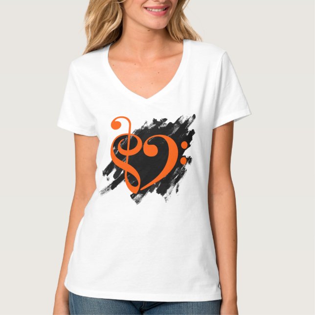 Treble and Bass Clef Musical Heart Orange T Shirt (Framsida)