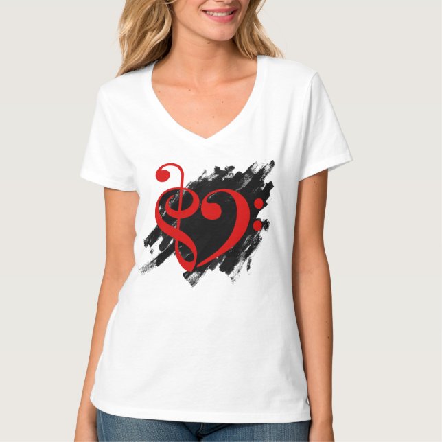 Treble and Bass Clef Musical Heart Red T Shirt (Framsida)