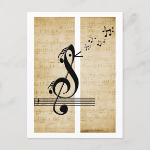 Treble Clef Bird Musik noter Vintage Lakan Music Vykort