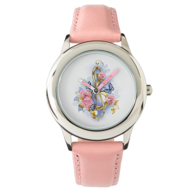 Treble clef med Rosa ros Armbandsur (Framsida)