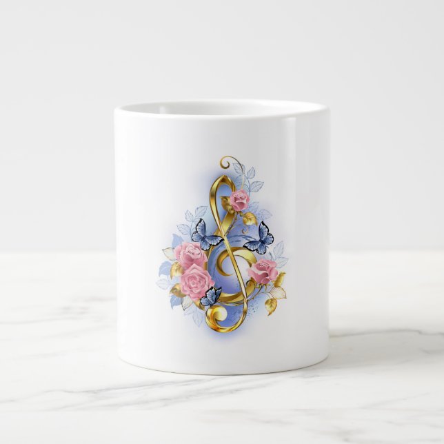 Treble clef med Rosa ros Jumbo Mugg (Framsidan)