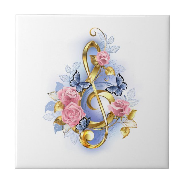 Treble clef med Rosa ros Kakelplatta (Framsidan)