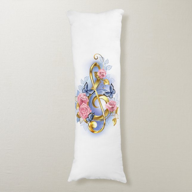 Treble clef med Rosa ros Kroppskudde (Framsidan Vertikal)