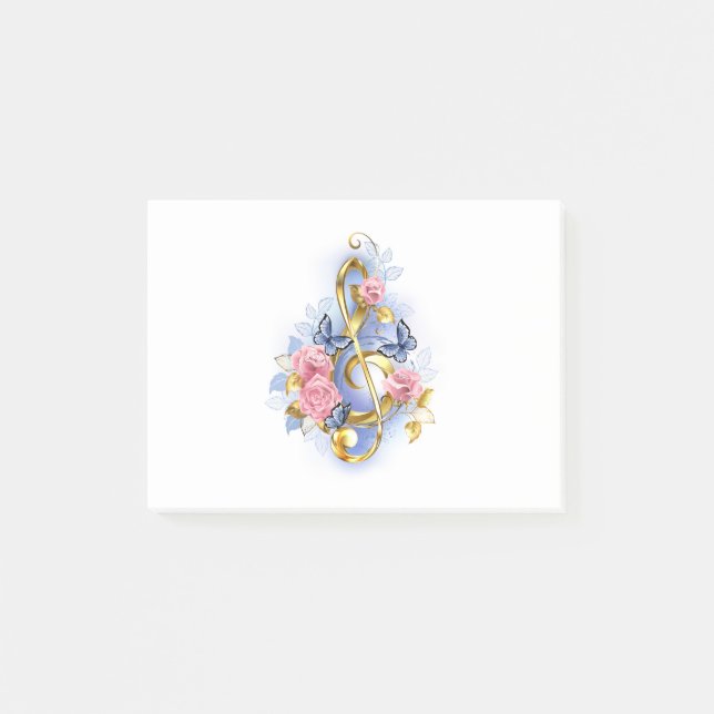 Treble clef med Rosa ros Post-it Block (Framsida)