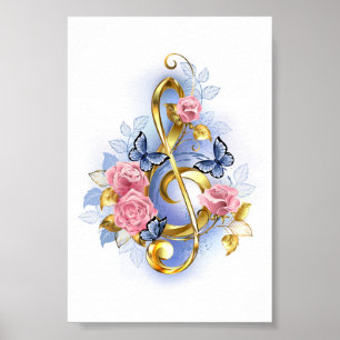 Treble clef med Rosa ros Poster