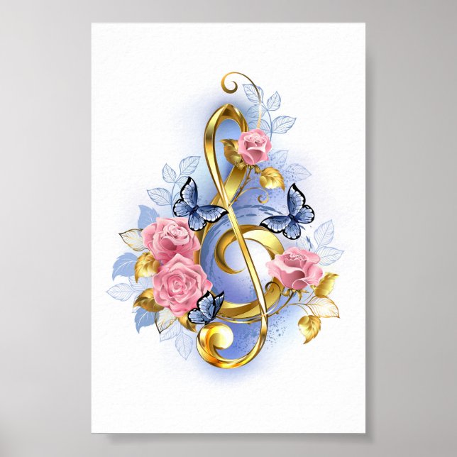 Treble clef med Rosa ros Poster (Framsidan)